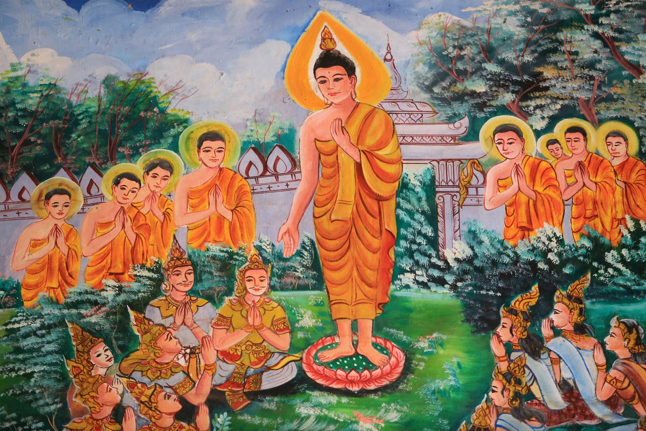 Spredning af Dharma. Buddhas liv. Loftskunst, der skildrer Buddhas liv. Wat Inpeng. Vientiane. Laos, 20151029, Vientiane, Laos af Unbekannt