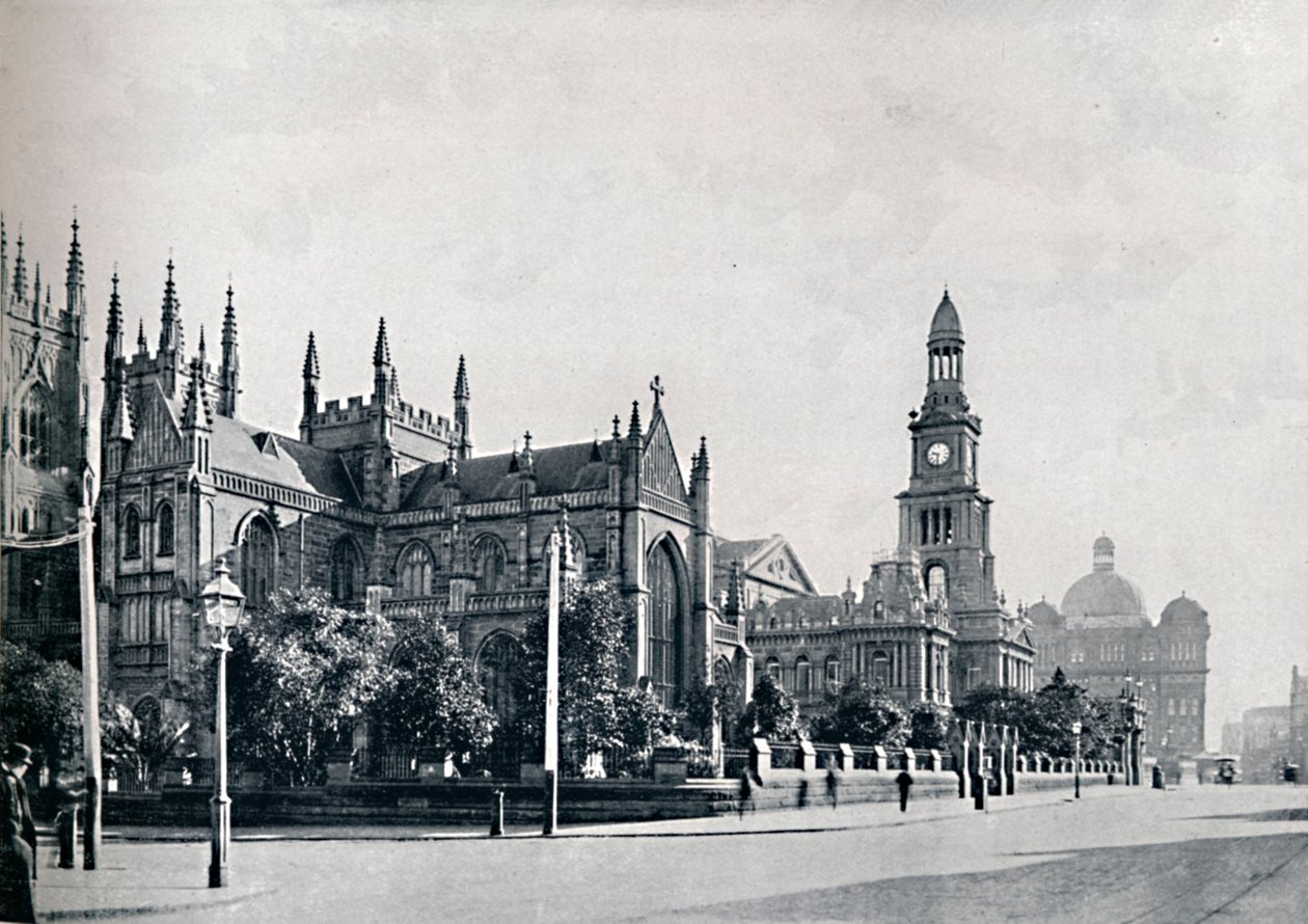 St. Andrews Cathedral, Sydney Rådhus og Market Buildings, c1900. af Unbekannt
