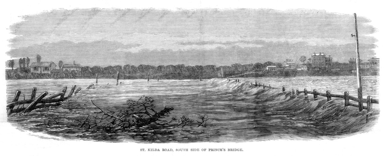 St Kilda Road, sydsiden af Princes Bridge - Oversvømmelser ved Melbourne, Australien, 1864 af Unbekannt