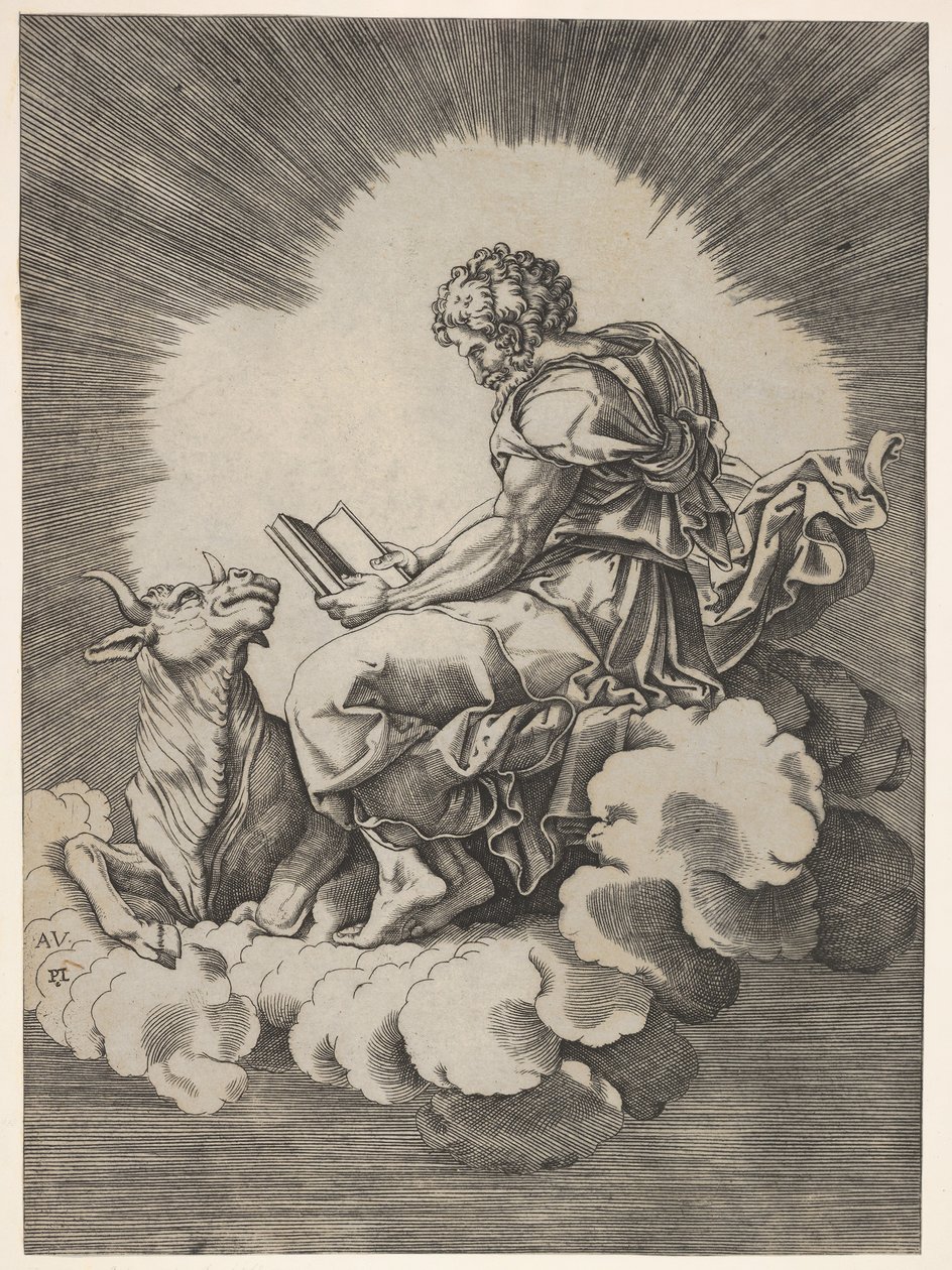 St. Luke, siddende på en sky med en åben bog i begge hænder, en tyr liggende på hans gebyr..., efter 1518. af Unbekannt