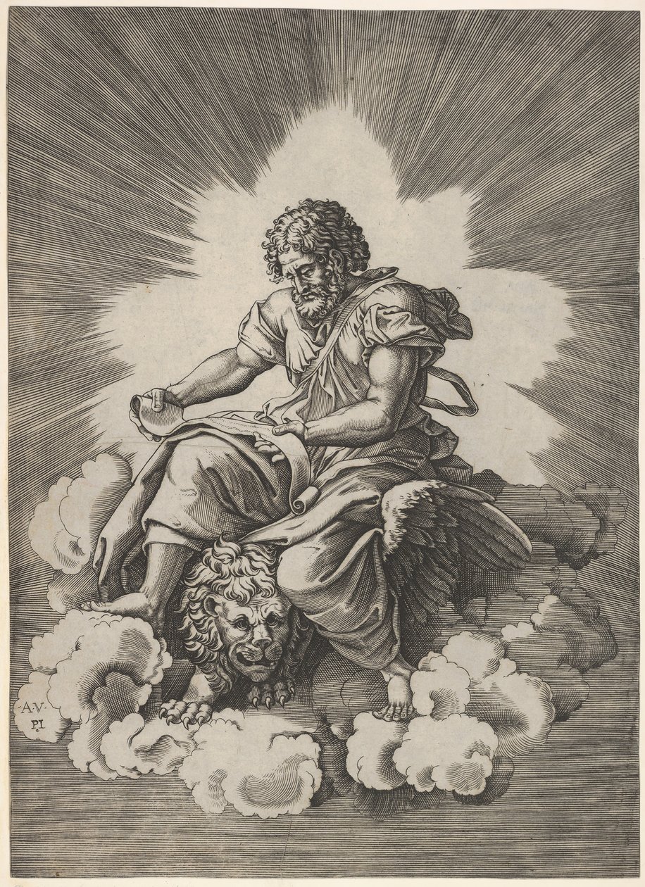 St. Mark, siddende med en udfoldet rulle i hænderne, et bevinget løvehoved og for..., efter 1518. af Unbekannt