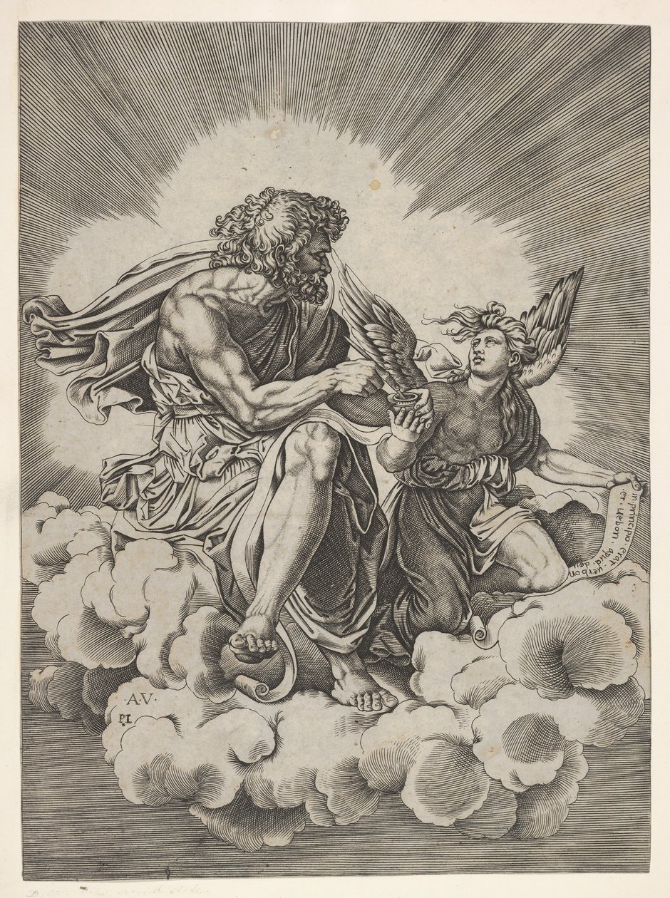 St. Matthew, siddende på en sky med benene over kors og dyppede en fjerpen i et blækhus... efter 1518. af Unbekannt