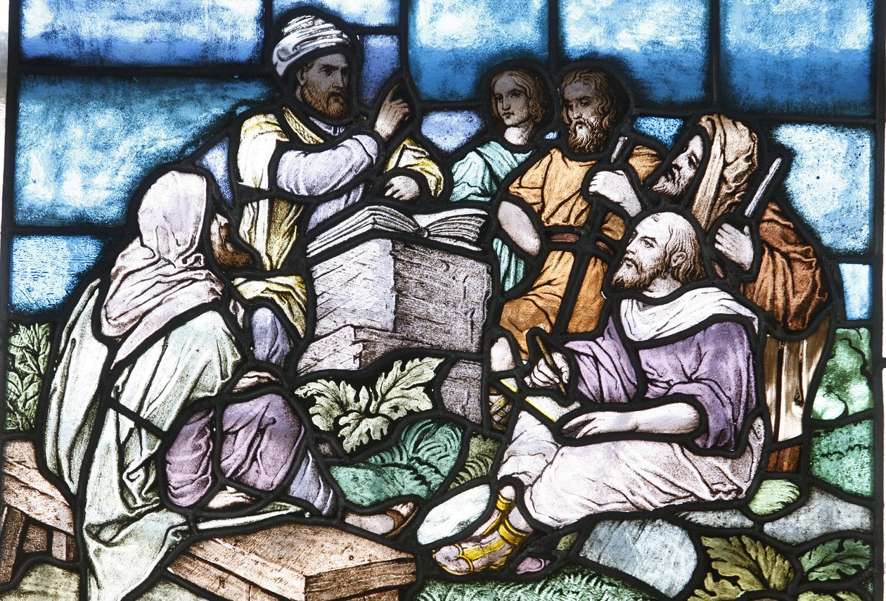 Glasmaleri: Abraham studerer Toraen med Israels folk, Budapest, Hongrie af Unbekannt
