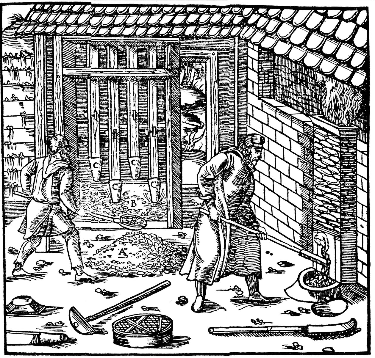 Stempling og ristning af malm for at udvinde metal, 1556 af Unbekannt