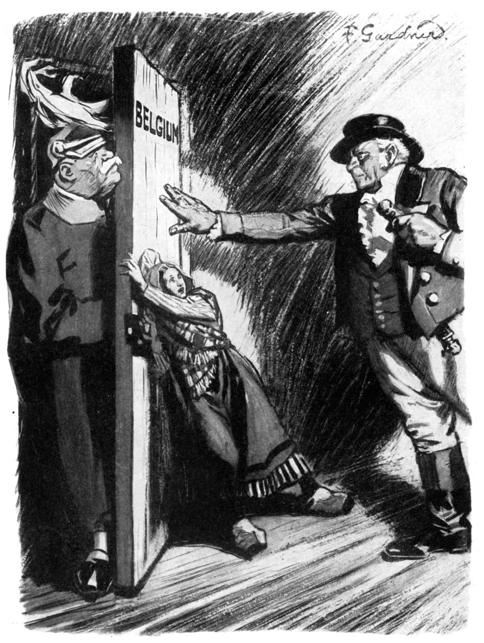 Stand Back!, John Bull hjælper lille Belgien med at forhindre den tyske angriber, Første Verdenskrig, 1914 af Unbekannt