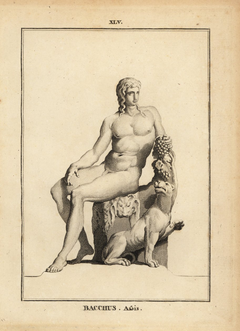 Statue af Bacchus, den romerske vingud, siddende nøgen med en klase vindruer og en hund af Unbekannt