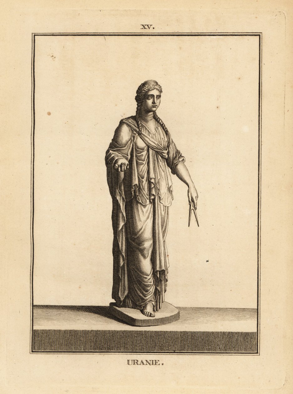 Statue af Urania, astronomiens muse, med et par kompasser af Unbekannt
