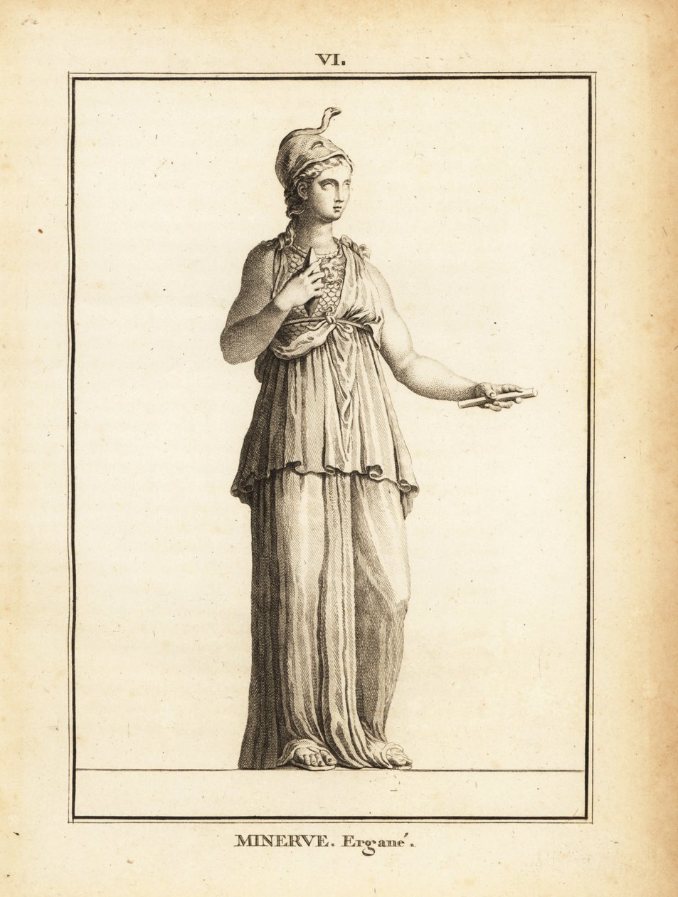 Statue af den romerske visdomsgudinde Minerve Ergane (Minerva Worker), med hjelm og slange af Unbekannt