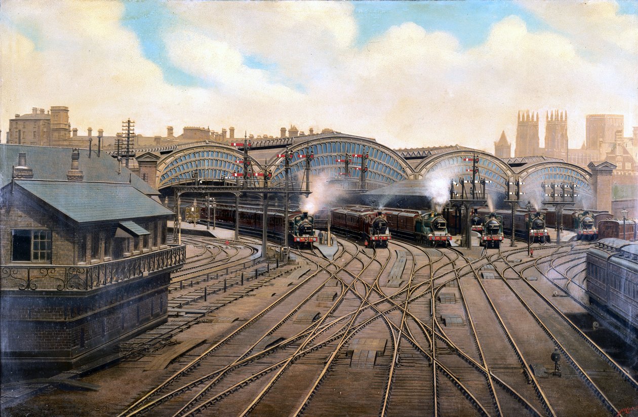 Damplokomotiver ved York Station, Yorkshire, ca 1910 af Unbekannt