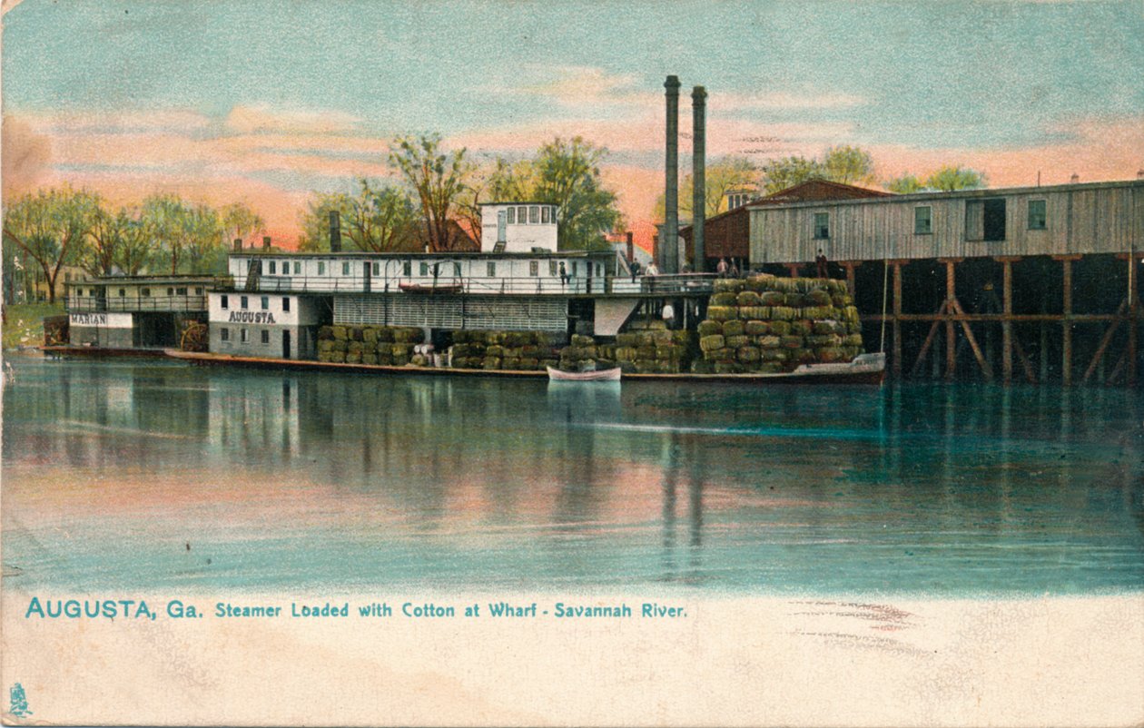Damper lastet med bomuld ved en kaj, Savannah River, Augusta, Georgia, 1908 af Unbekannt
