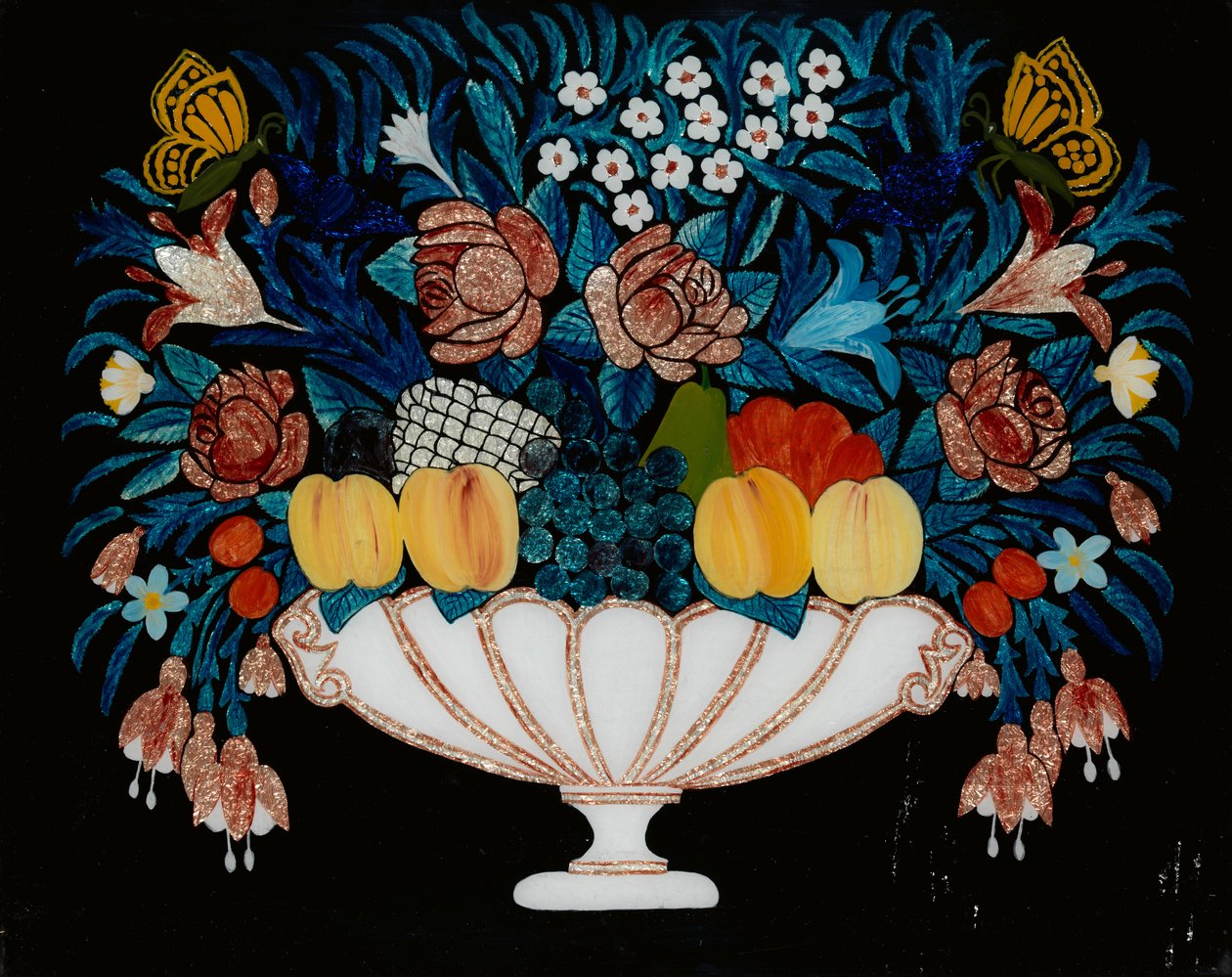Stilleben - blomster og frugt i hvid og lyserød skål, 1840-60. af Unbekannt