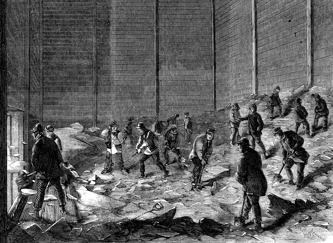 Opbevaring af is i isolerede skure i Charless Ice Store, Chelsea, London, 1861 af Unbekannt