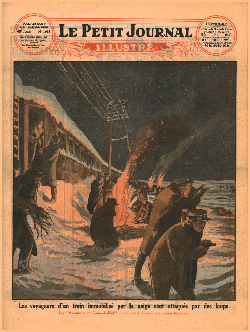 Strandede togpassagerer bliver angrebet af ulve, 1929. af Unbekannt