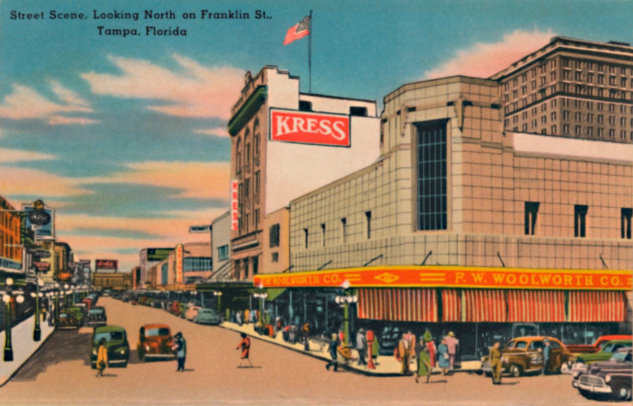 Gadescene, ser mod nord på Franklin St., Tampa, Florida, c1940