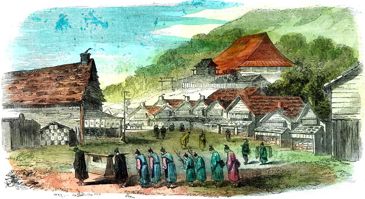 Gade i Hakodate og begravelsesoptog, Japan, 1856 af Unbekannt
