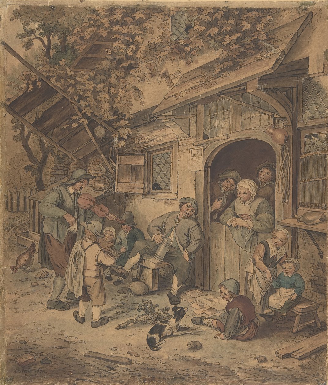 Spadserende violinist ved en ølhusdør, 1625-85. af Unbekannt