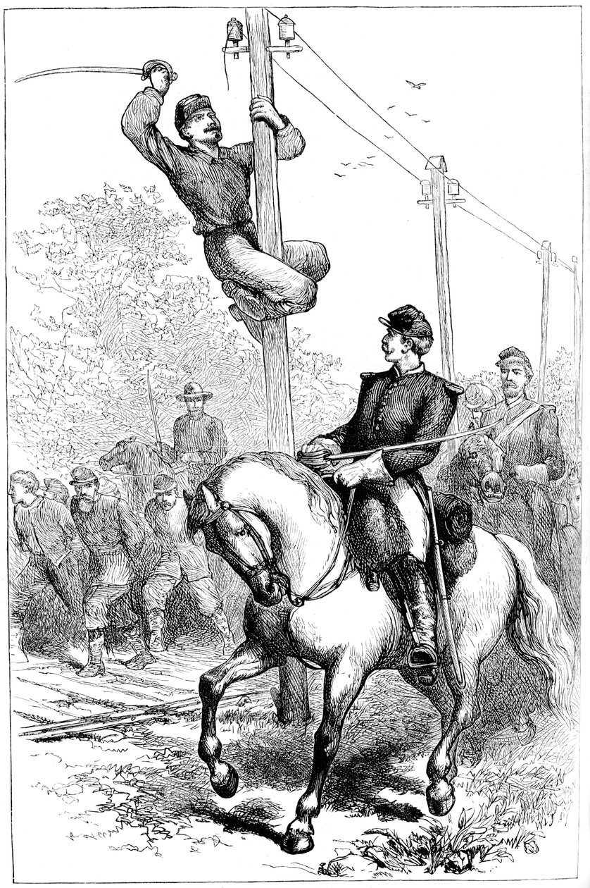 Stuarts kavaleri skærer telegrafledninger, amerikansk borgerkrig, c1861-1864 c1880 af Unbekannt