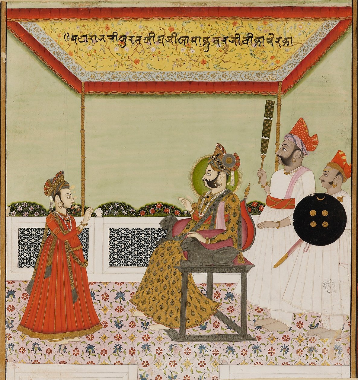 Surat Singh sidder på en løvet bevæbnet trone og modtager sin unge søn, C1800 af Unbekannt