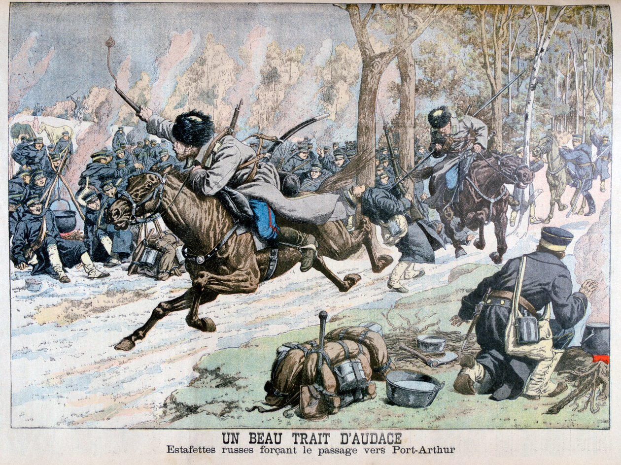 Overraskende angreb af russisk kavaleri på vejen til Port Arthur, russisk-japanske krig, 1904 af Unbekannt