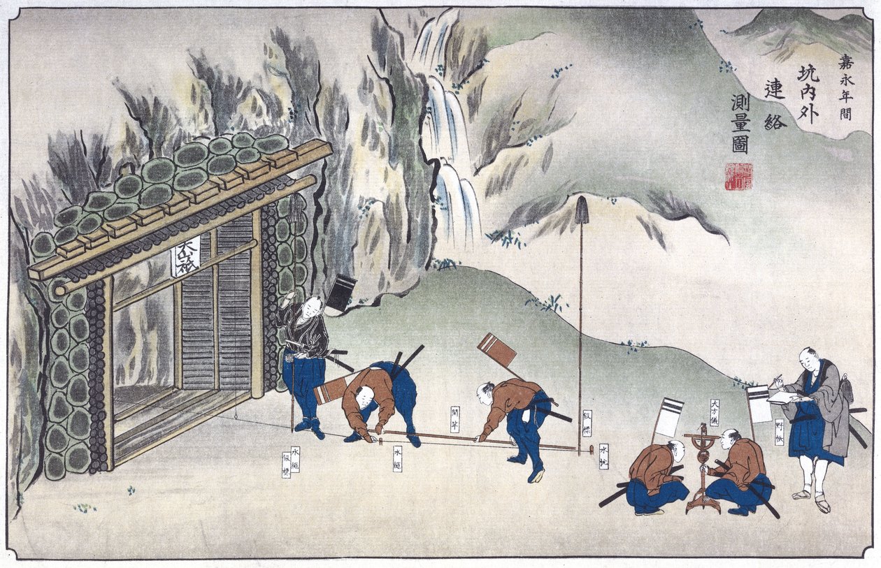Opmåling af indgangen til en mine, Japan, ca 1850 af Unbekannt