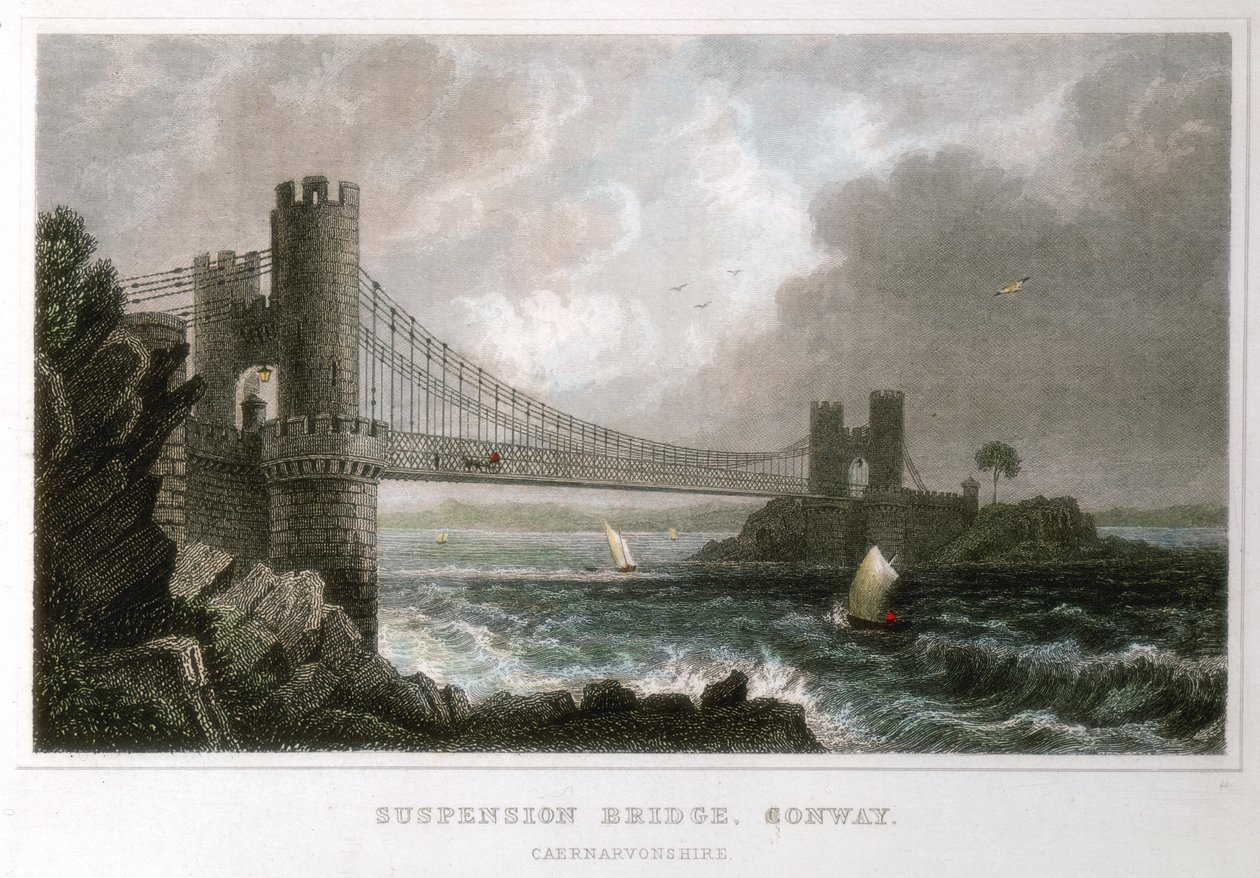 Hængebro over Conwy-mundingen, Wales, c1840 af Unbekannt