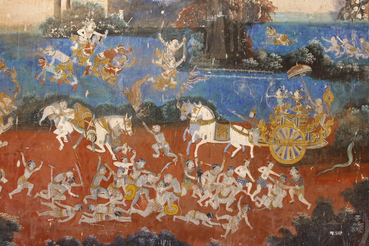 Sylver Pagoda Dette vægmaleri viser scener fra Reamker, som er den cambodjanske eller khmeriske version af det klassiske hinduistiske digt Ramayana, Phnom Penh, Cambodia af Unbekannt