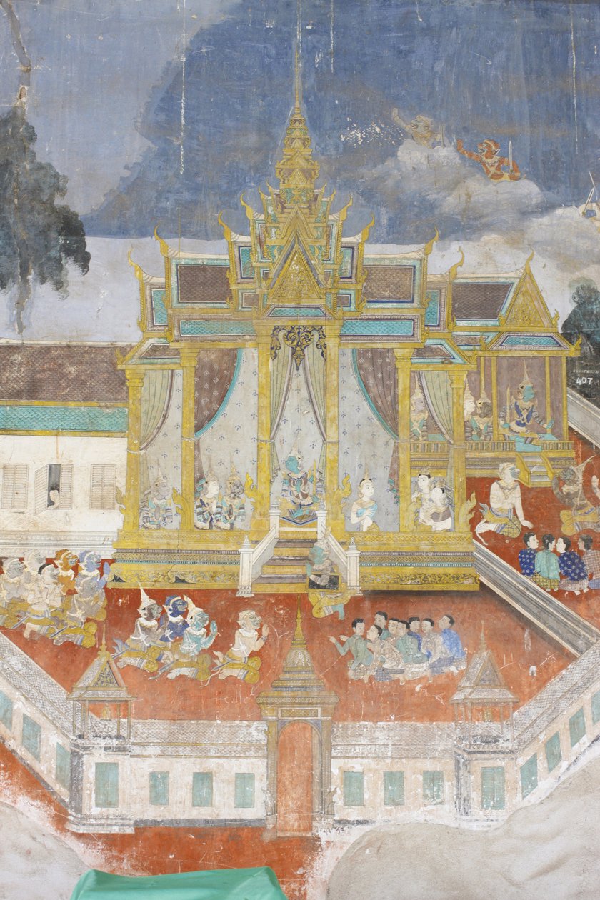 Sylver Pagoda Dette vægmaleri viser scener fra Reamker, som er den cambodjanske eller khmeriske version af det klassiske hinduistiske digt Ramayana, Phnom Penh, Cambodia af Unbekannt