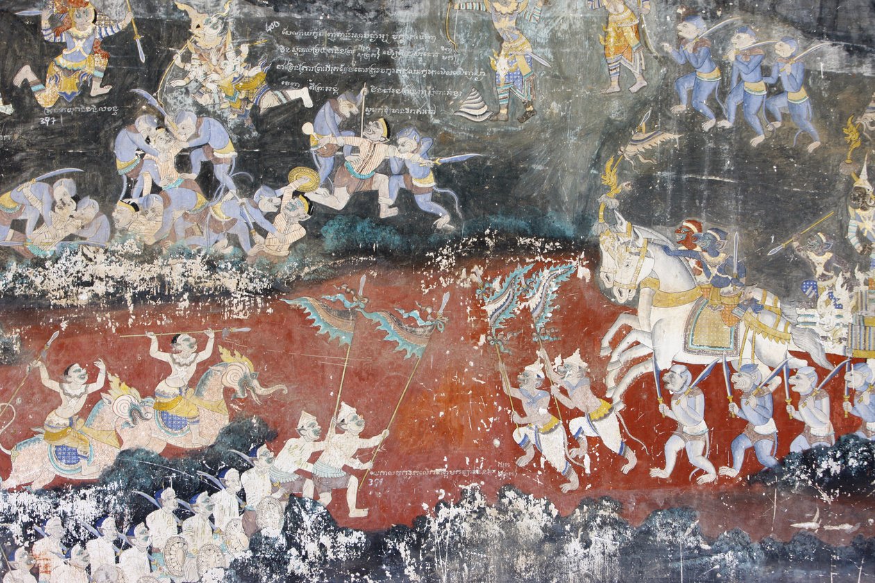 Sylver Pagoda Dette vægmaleri viser scener fra Reamker, som er den cambodjanske eller khmeriske version af det klassiske hinduistiske digt Ramayana, Phnom Penh, Cambodia af Unbekannt