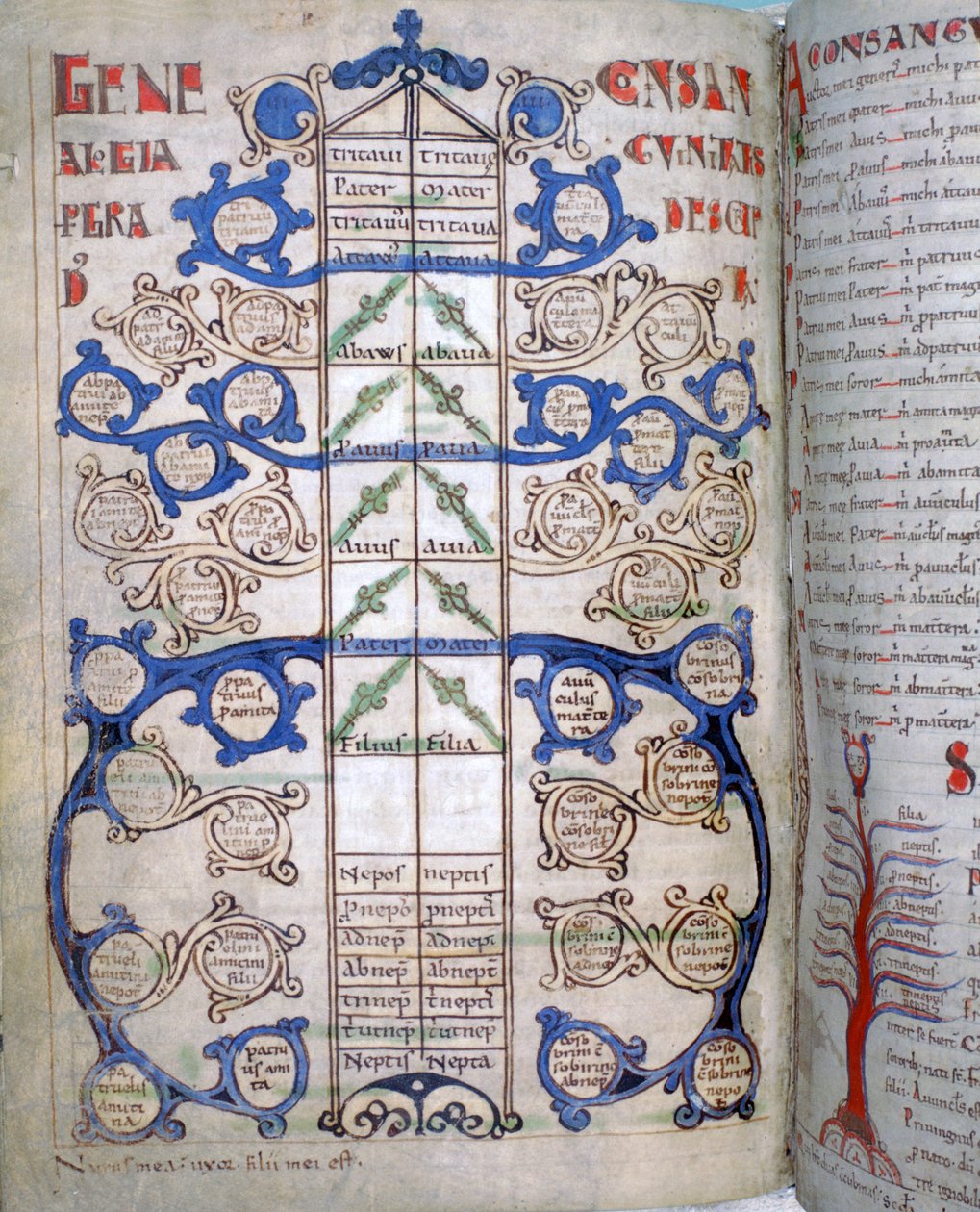 Tabel over graden af slægtskab, en side fra Liber Floridus, 1100-tallet af Unbekannt