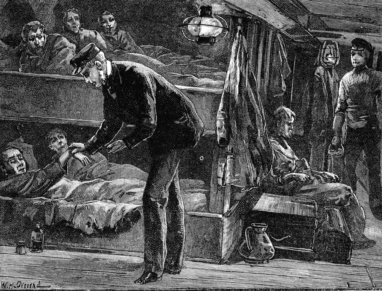 Tager pulsen på en syg irsk emigrant om bord på skib, 1840