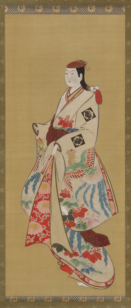 Høj pige, kjole mønstret med ho-o fugl og kiri blomster, Edo periode, 1615-1868. af Unbekannt