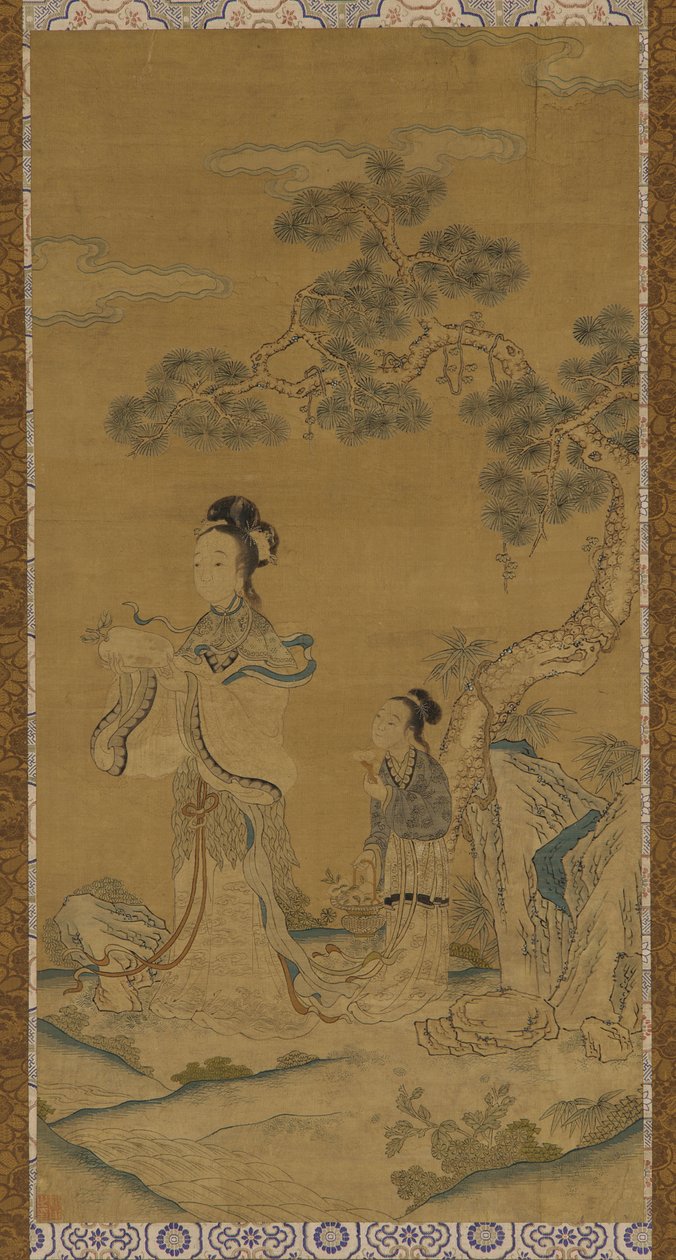 Tapestry: en daoistisk kvindelig udødelig og ledsager under et fyrretræ, Ming-dynasti, 1368-1644. af Unbekannt