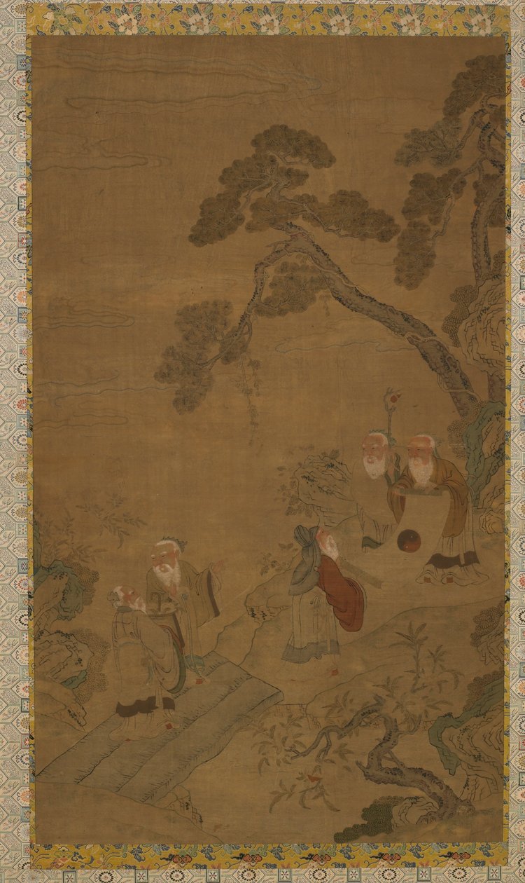 Gobelin: fem vismænd i en have under fyrretræer, Ming-dynastiet til Qing-dynastiet, 1368-1911. af Unbekannt