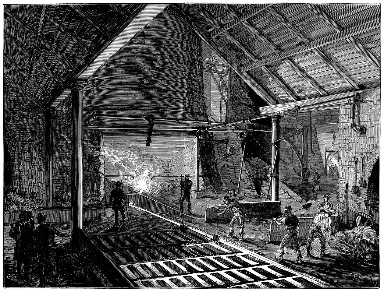 Tap på en højovn og køre smeltet jern ind i grisene, c1885 af Unbekannt
