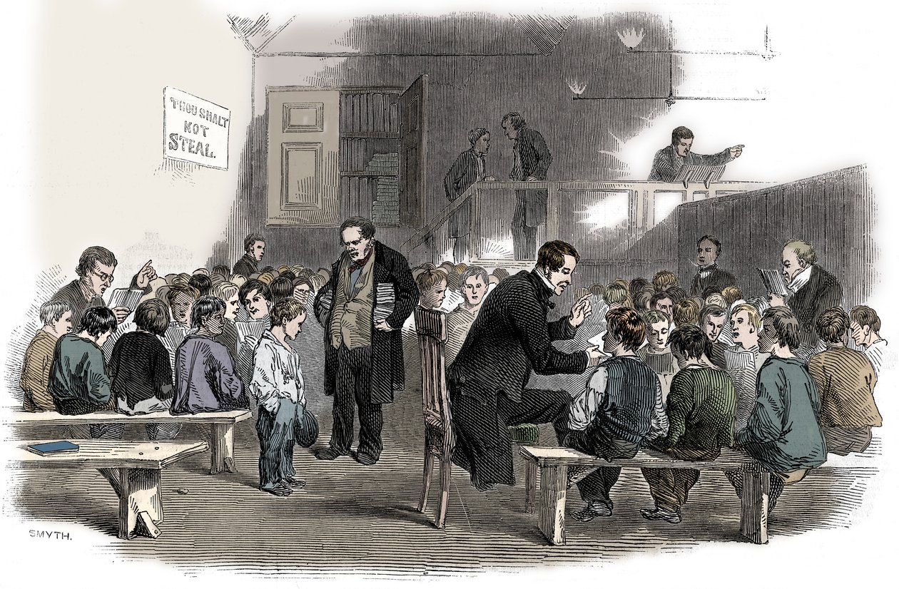 Lærer drenge at læse i Ragged School Union-skolen, Lambeth, London, 1868 af Unbekannt