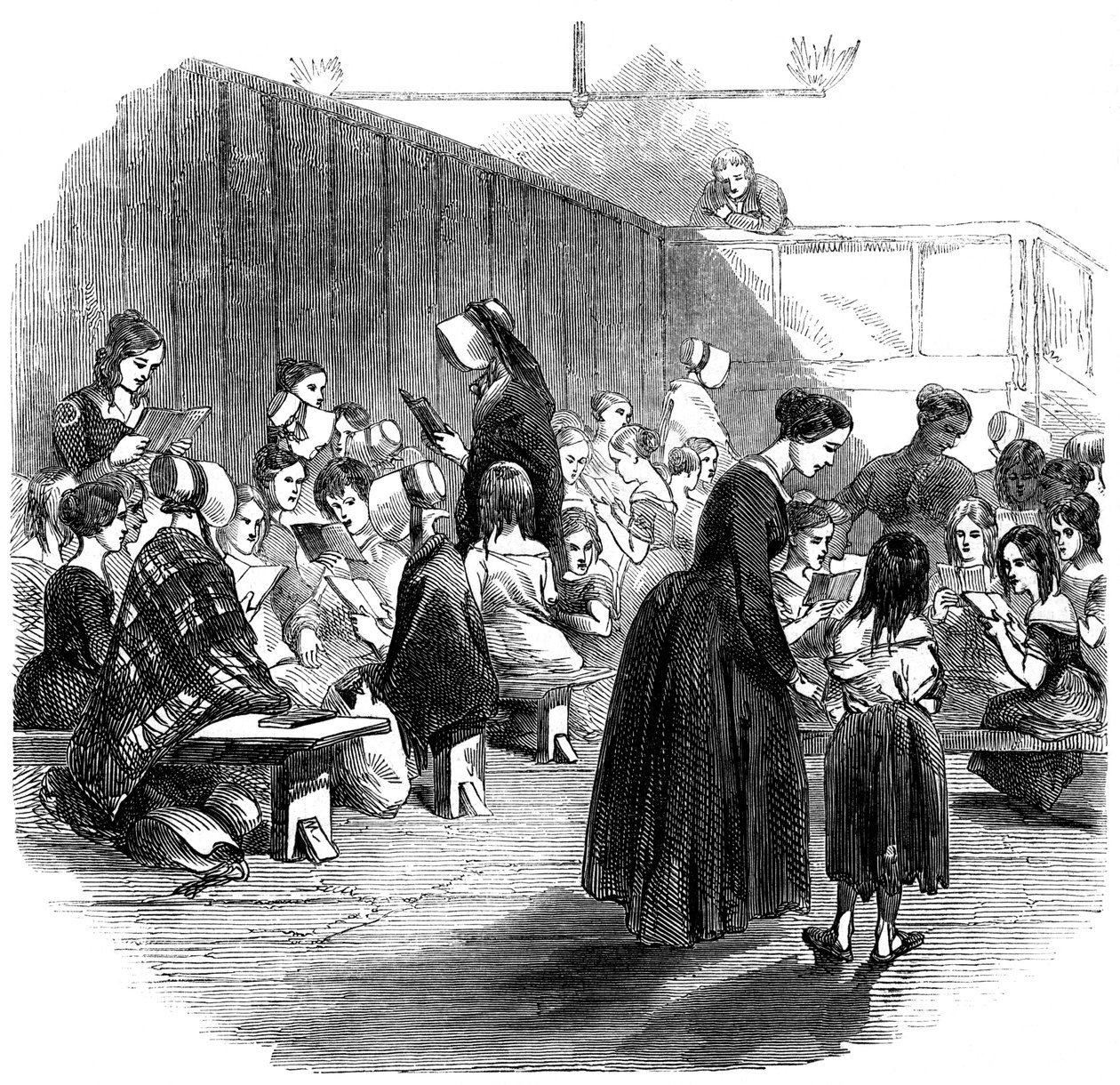Lærer piger at læse i Ragged School Union-skolen, Lambeth, London, 1868 af Unbekannt