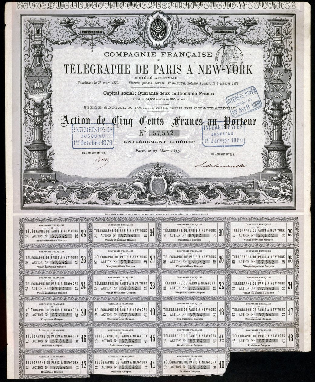 Telegraphy, General Paris-New York Telegraph Share Certificate, 27. marts 1879 af Unbekannt