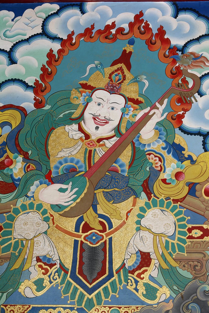 Tempelvagt, der bevogter østen og foråret, ved navn Dhritarashtra. Kopan kloster, Kathmandu, Nepal af Unbekannt
