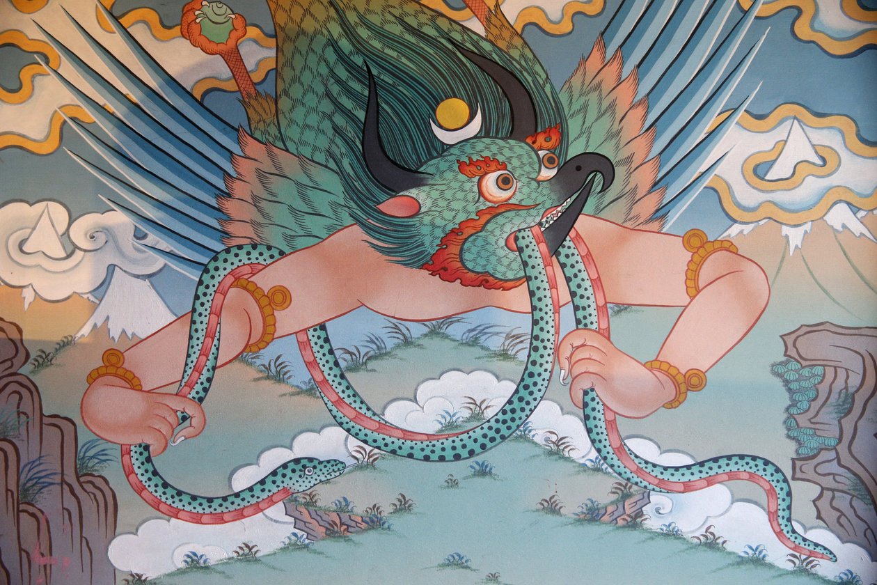 Tempel for de tusinde buddhaer Dashang Kagyu Ling menighed Maleri Garuda, La Boulaye, Frankrig af Unbekannt
