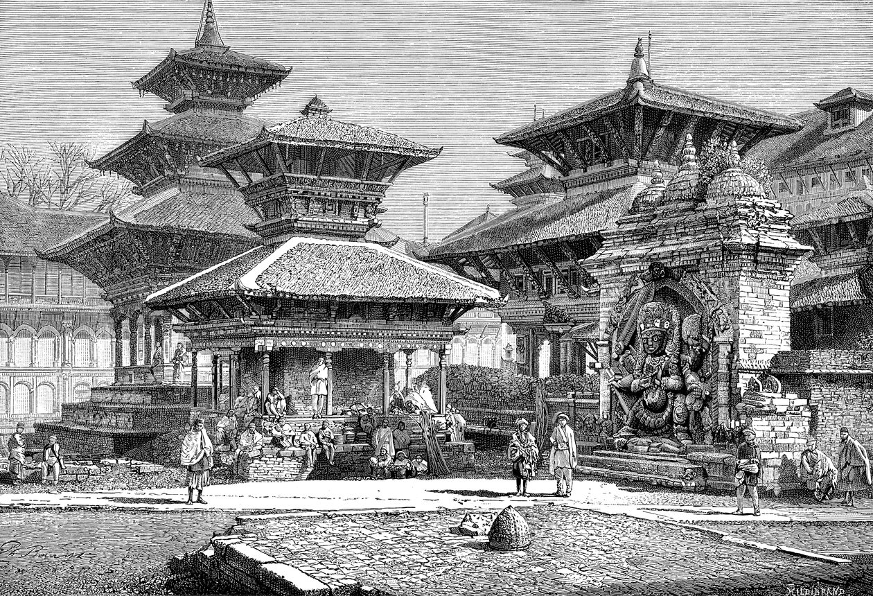 Templer ud mod det kongelige palads, Kathmandu, Nepal, 1895 af Unbekannt