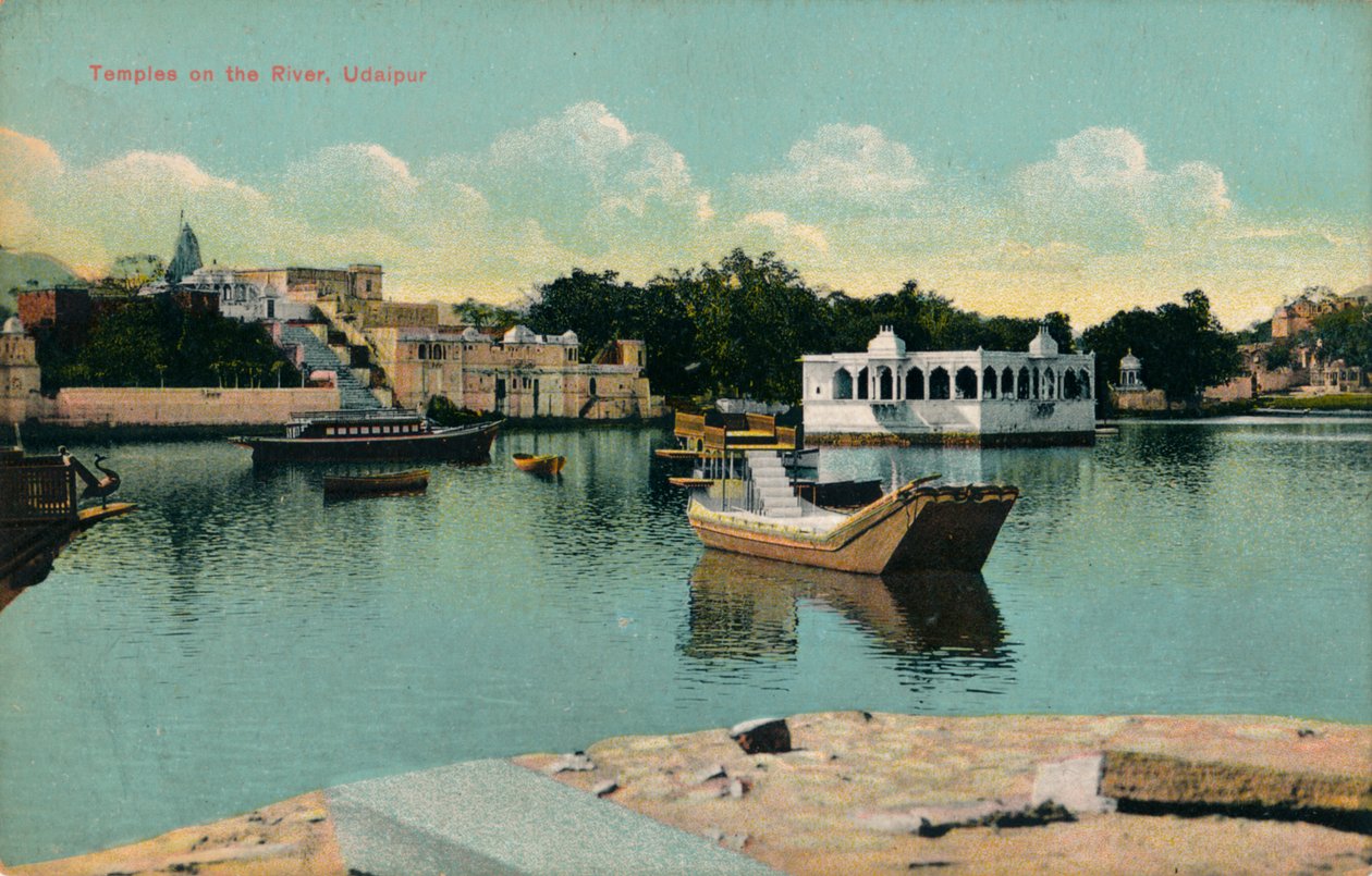 Templer ved floden, Udaipur, ca. 1900 af Unbekannt