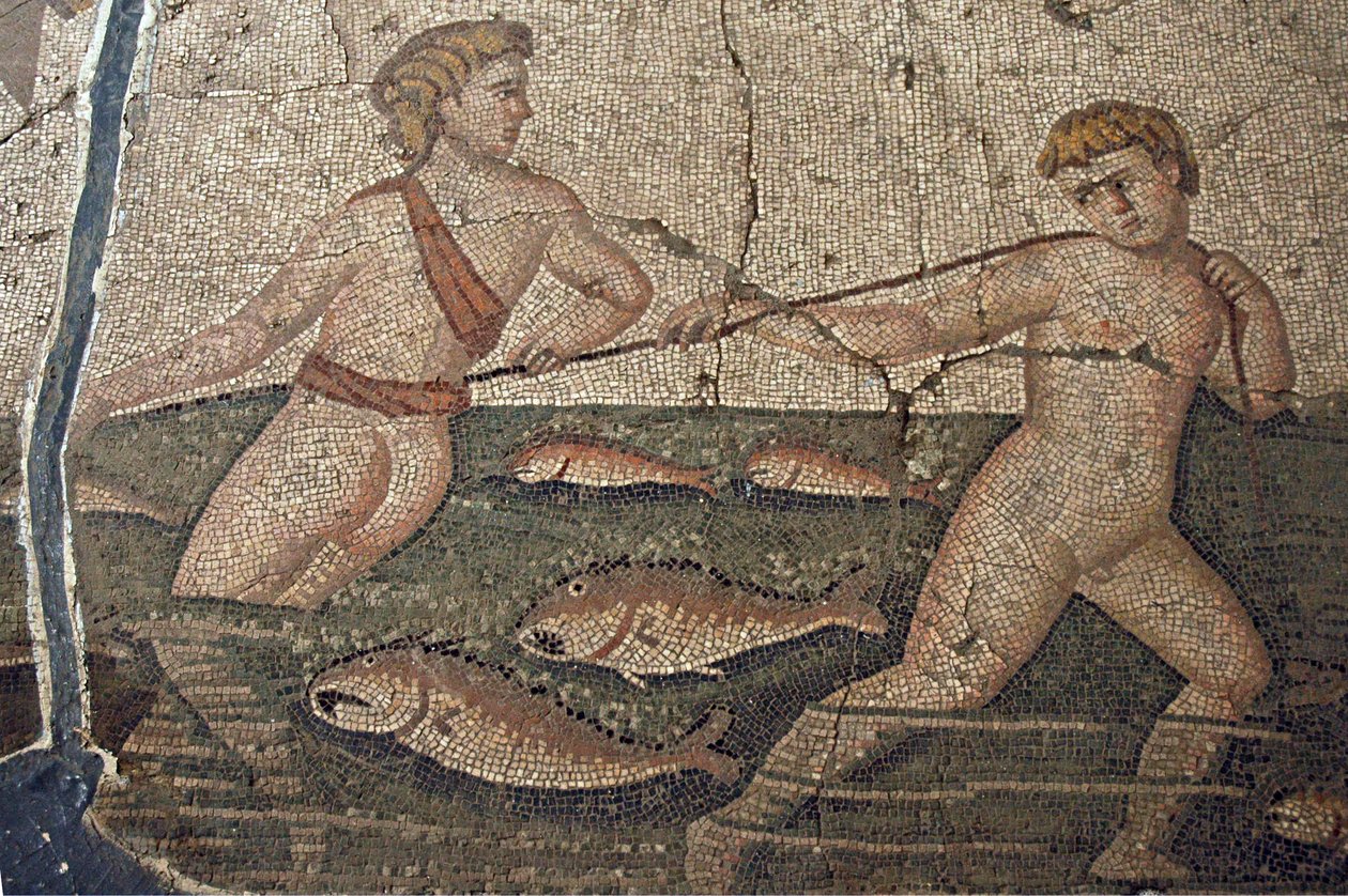 Thalasse and the Nude Fishermen mosaik fra Vakto, detail, Tyrkiet, af Unbekannt
