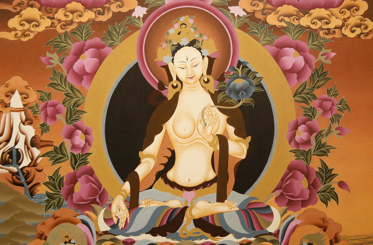 Thangka skildrer White Tara gudinde, buddhistisk symbol på langt liv, Bhaktapur, Nepal af Unbekannt