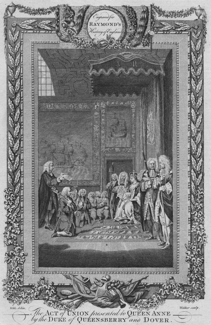 The Act of Union præsenteret for dronning Anne af hertugen af Queensberry og Dover, c1787 af Unbekannt