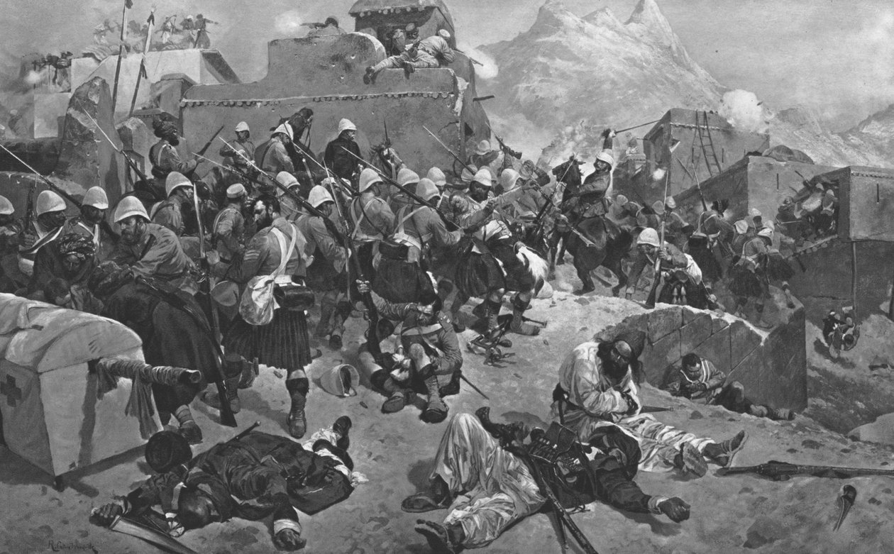 Den afghanske krig, 1878-80: 91st Highlanders and the 2nd Gurkas storming Gandia Mullah, 1901. af Unbekannt