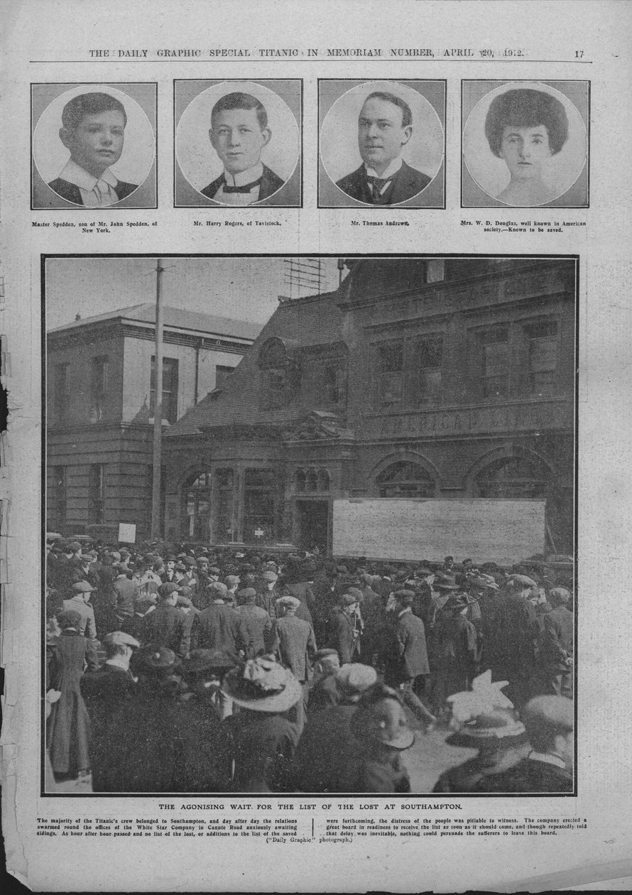 Den pinefulde ventetid på listen over de fortabte i Southampton, 20. april 1912. af Unbekannt