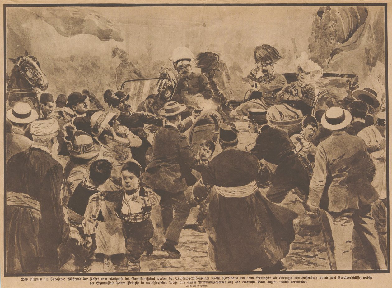 Mordet på ærkehertug Franz Ferdinand af Østrig og hans kone i Sarajevo, 28. juni 1914. af Unbekannt