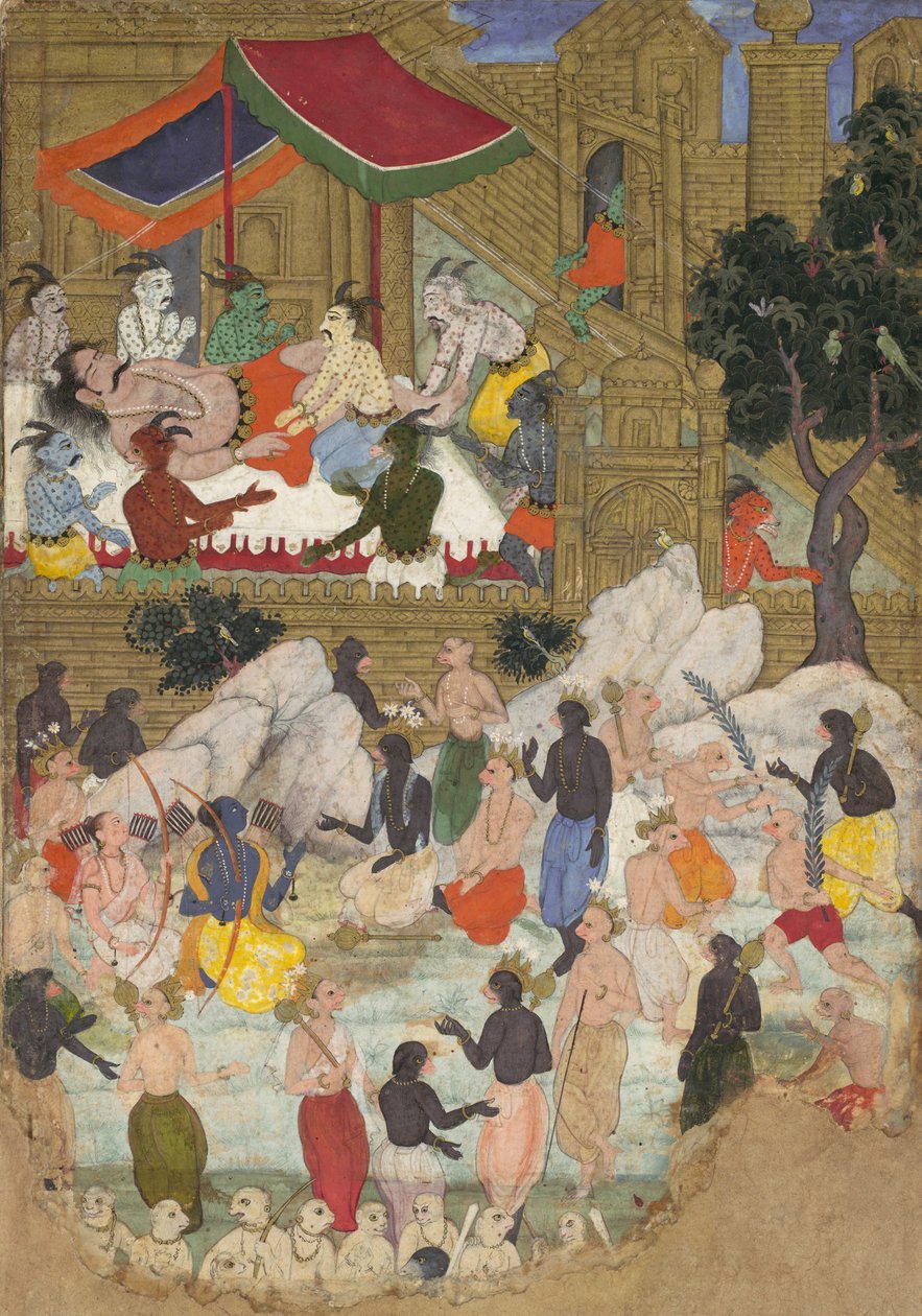 The Awakening of Kumbhakarna in the Golden City of Lanka, Folio from a Ramayana, ca. 1605. af Unbekannt