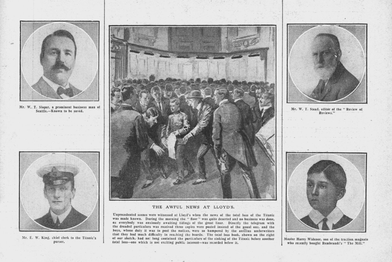The Awful News at Lloyds, med portrætter af nogle af dem om bord på Titanic, 20. april 1912. af Unbekannt