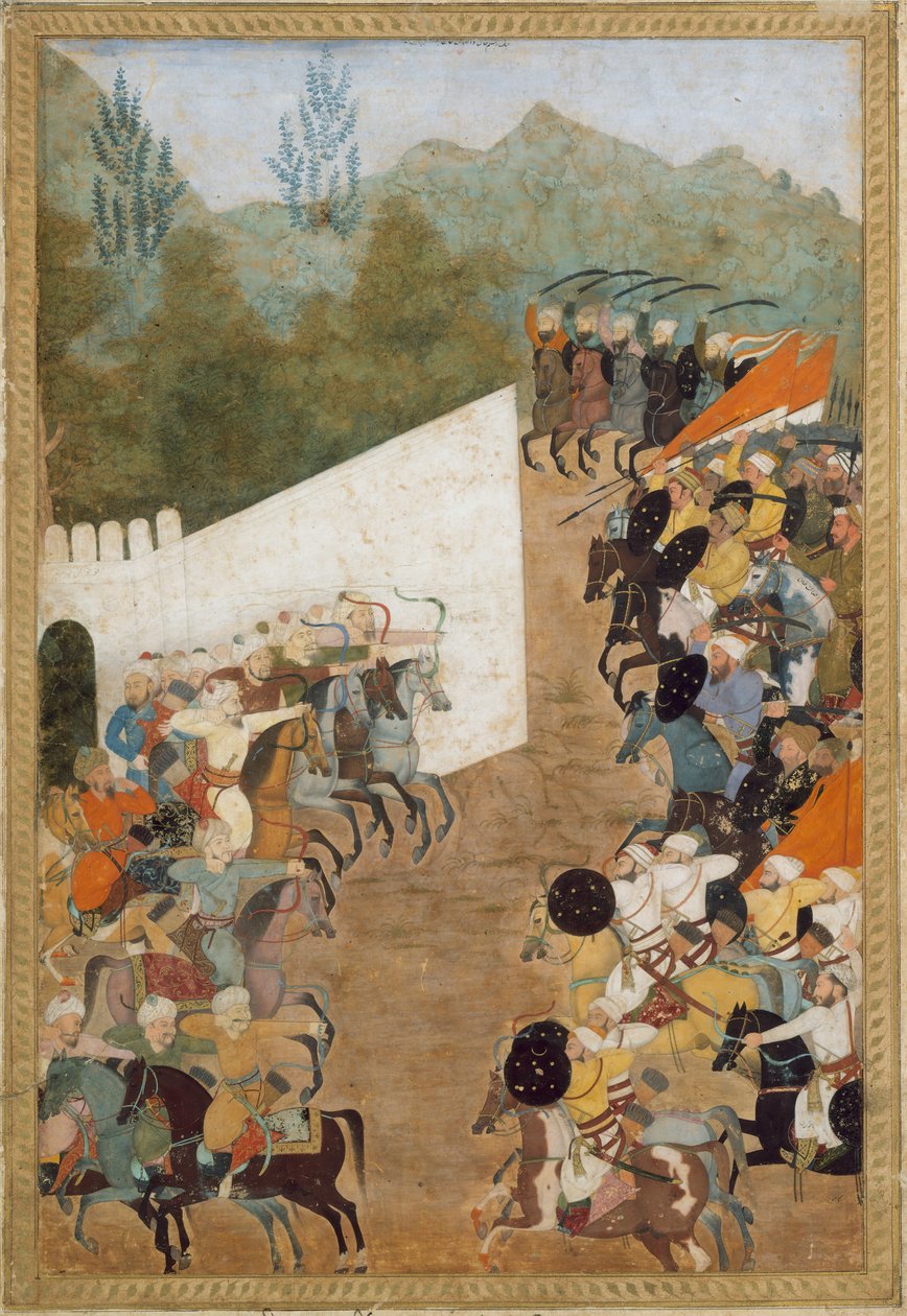 Slaget ved Shahbarghan, Folio fra en Padshahnama Chronicle of the Emperor, 1600-tallet. af Unbekannt